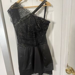 Size 12 BCBG L black designer mini short little black dress cold Off shoulder